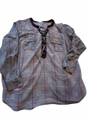 Nygard Checked Design Blouse-Plus Size-2X-Lace up front-Front Chest pockets